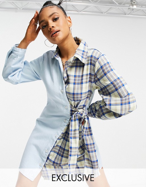 Missguided denim dress with tie waist in blue contrast check