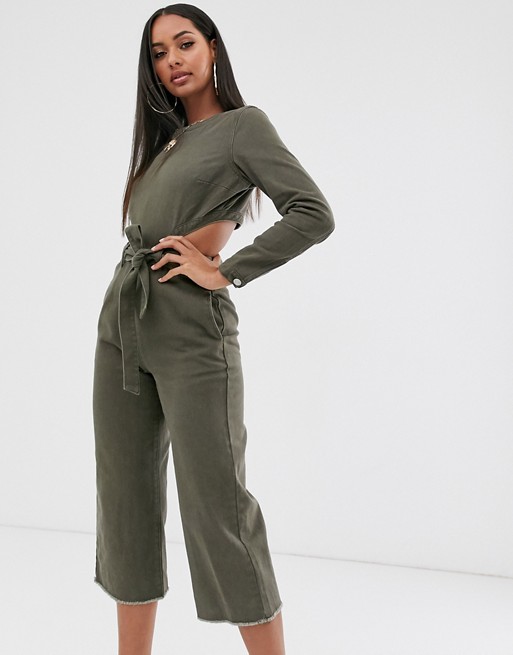 Missguided denim jumpsuit with cut out back in khaki