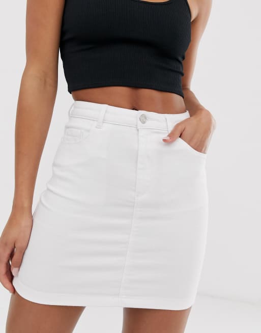 White stretch store denim mini skirt