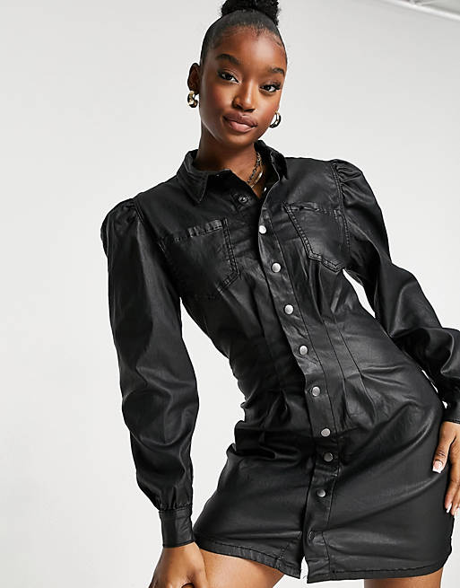 Missguided denim shirt dress with cinched waist in black