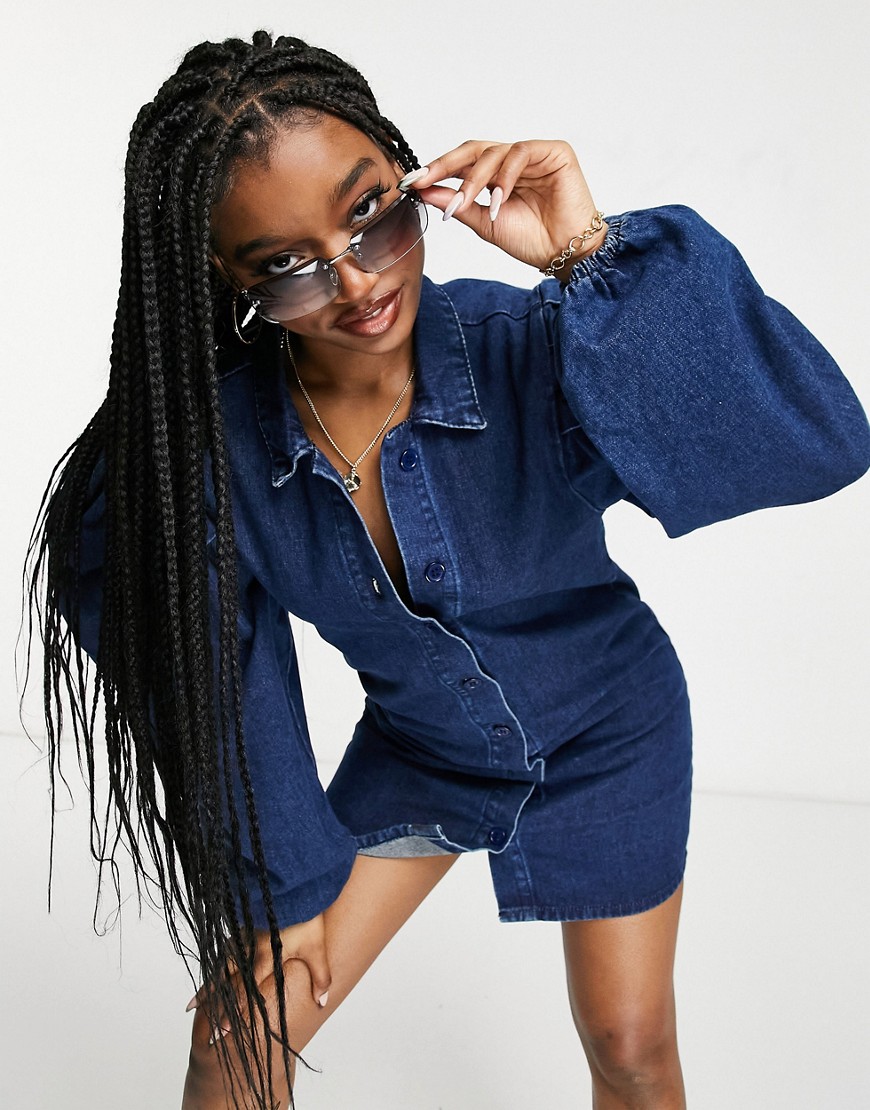 Missguided denim shirt dress with long puff sleeve in blue-Blues