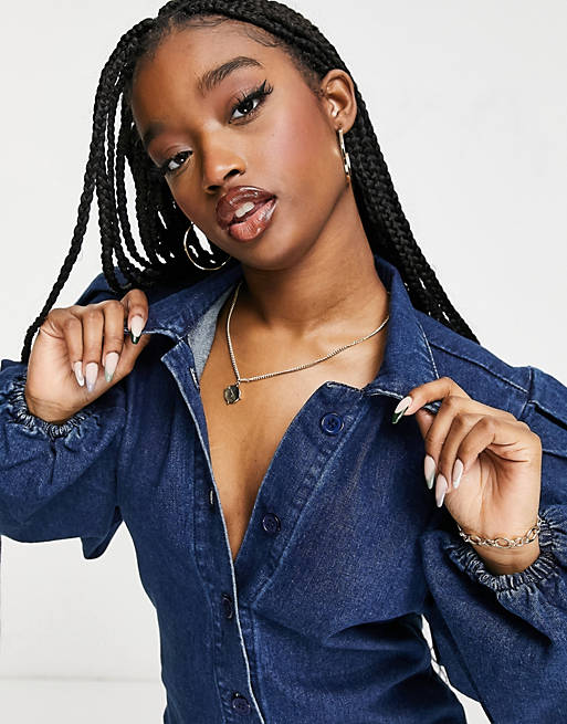 Dresses Missguided denim shirt dress with long puff sleeve in blue 