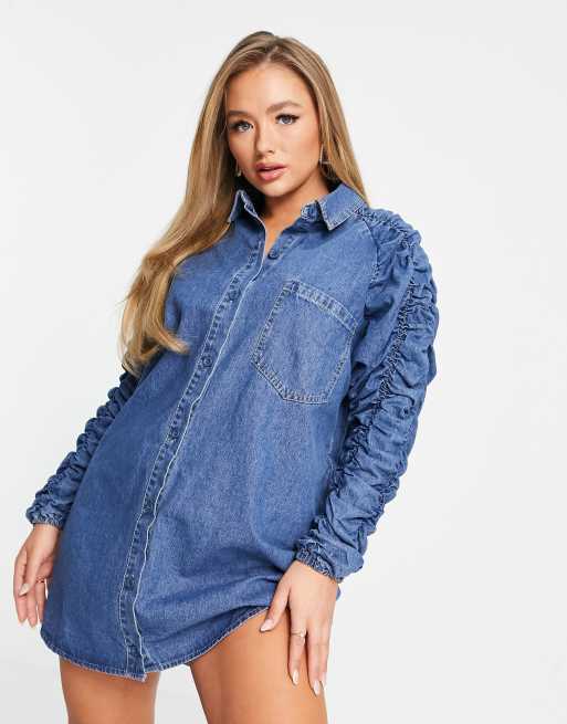 Missguided denim shirt dress with ruched sleeve in blue, 4 of 4