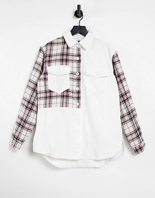 Missguided denim shirt in white colourblock check