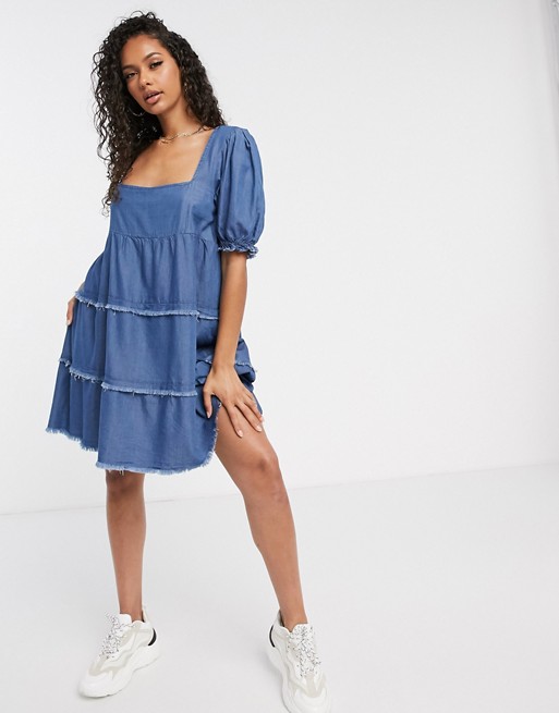 Missguided denim smock dress with square neck