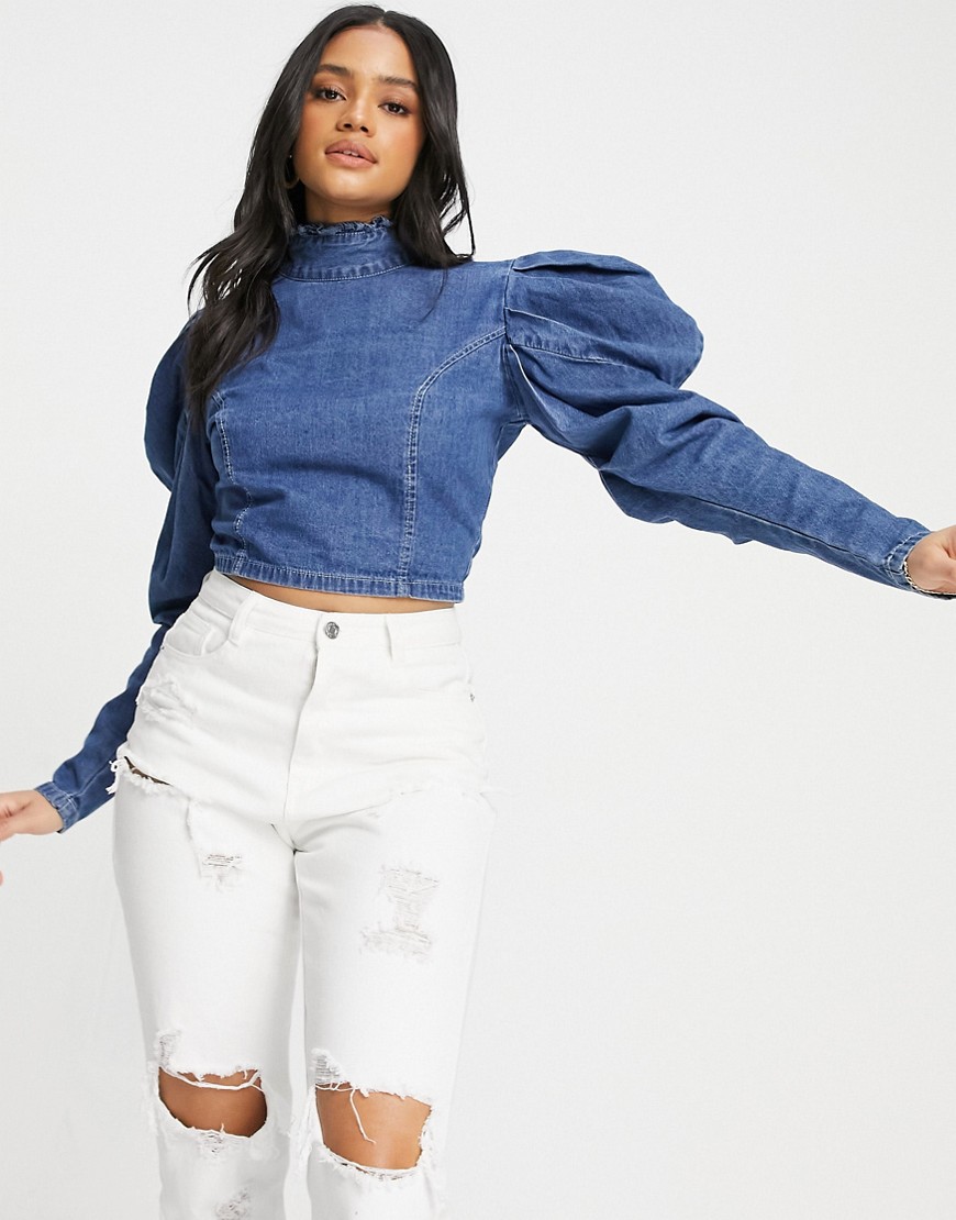 Missguided denim top with high neck and puff sleeve in blue-Blues