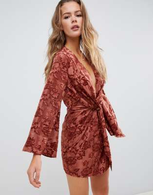 missguided devore twist front mini dress in rust