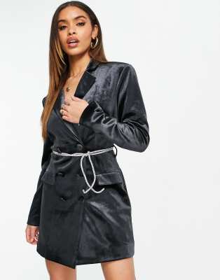 Missguided Missguided diamante belt velvet dress in charcoal-Grey