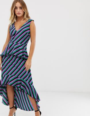 Missguided dip hem maxi dress with frill detail in purple stripe-Multi