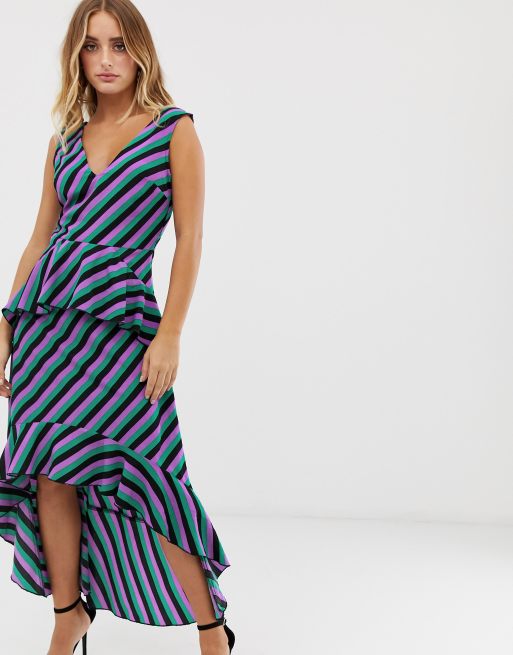 Missguided dip hem maxi dress with frill detail in purple stripe | ASOS