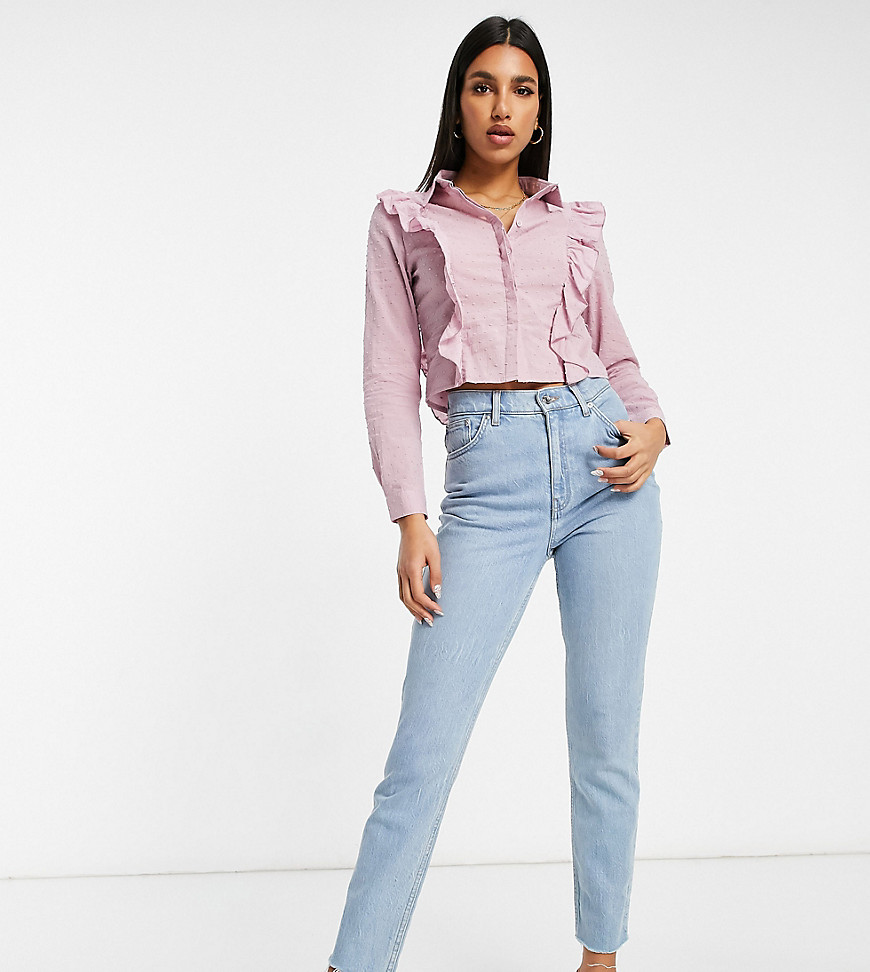 Missguided dobby cropped shirt with frill front in blush-Pink