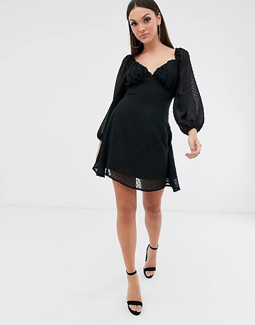 Missguided dobby milk maid mini dress with balloon sleeve in black