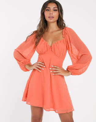 Missguided dobby milk maid mini dress with balloon sleeve in coral | ASOS