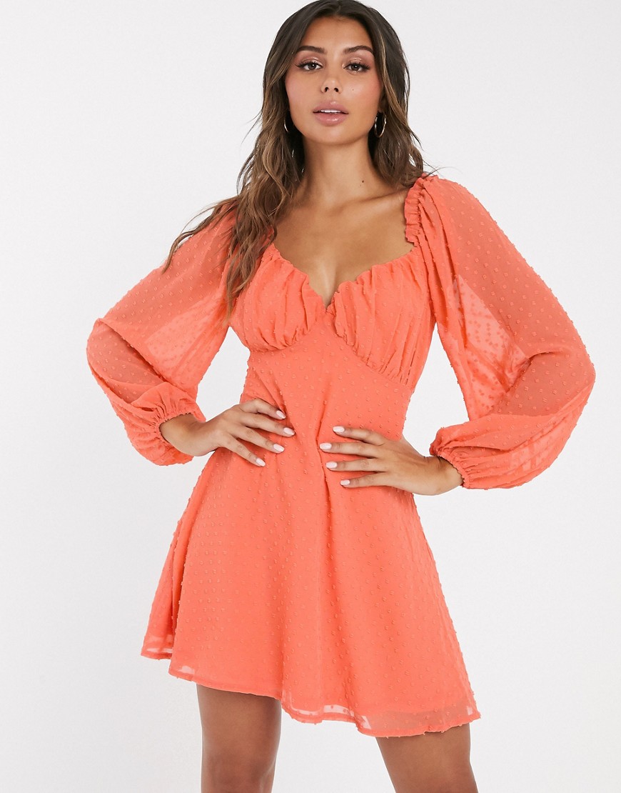 Missguided dobby milk maid mini dress with balloon sleeve in coral-Pink