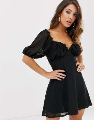 missguided dobby milkmaid mini dress in black