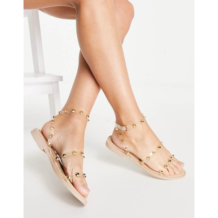 Missguided dome stud clear sandals in sand ASOS