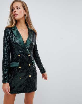 Missguided double breasted sequin blazer mini dress in green