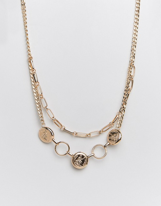 Missguided double layer chain and coin necklace in gold