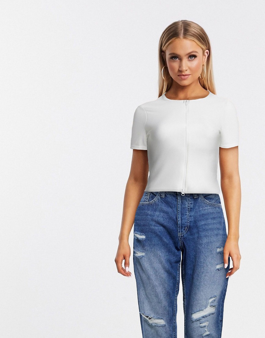 Missguided double zip ribbed short sleeve top in white