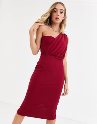 burgundy one shoulder draped midi dress