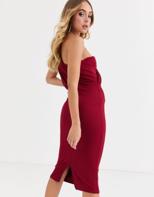 burgundy one shoulder draped midi dress