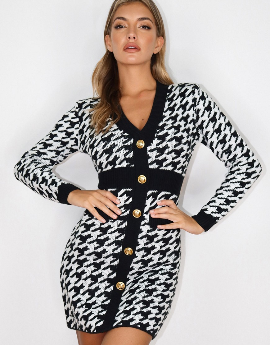Missguided dress with button front detail in houndstooth-Multi