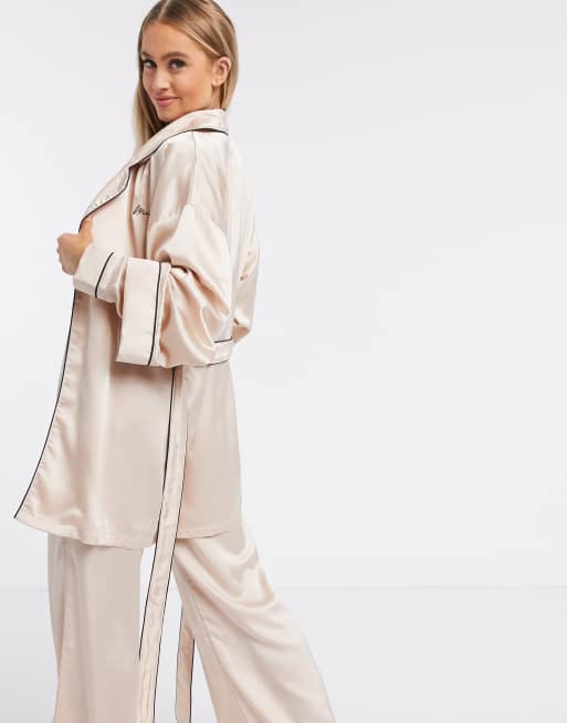 Missguided embroidered contrast trim robe in beige