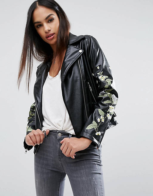 Missguided Embroidered Floral Leather Look Biker Jacket