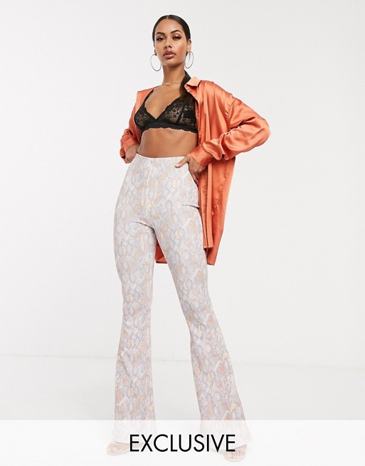 Missguided Exclusive flare trouser in snake print