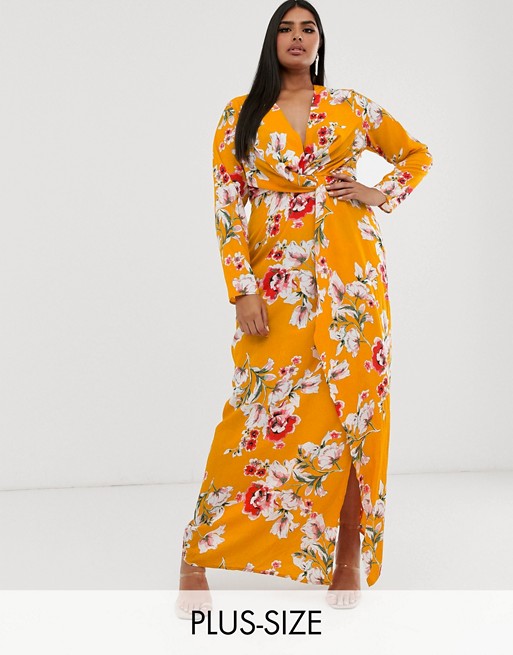 Missguided Plus Exclusive maxi dress with thigh split in yellow floral