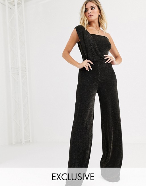 Missguided Exclusive one shoulder jumpsuit in gold glitter