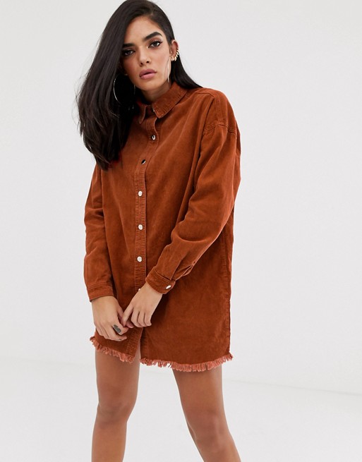 Missguided exclusive oversized cord shirt dress in rust | ASOS