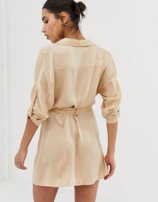 satin tie waist shirt dress