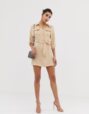 satin tie waist shirt dress