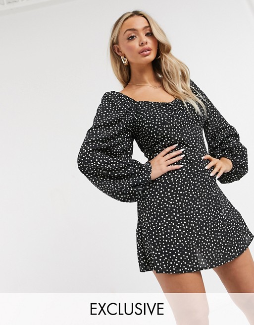 Missguided exclusive shirred skater dress with open back in black polka dot