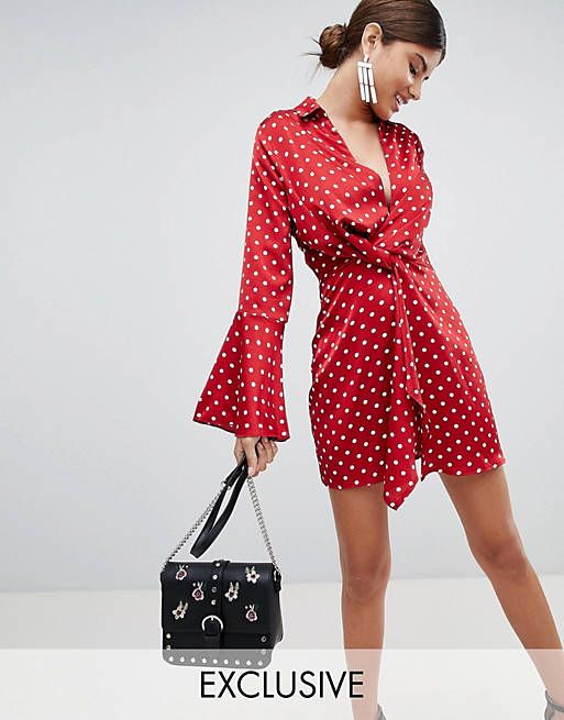 Missguided exclusive twist front flare sleeve polka dot mini dress