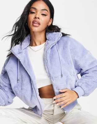 Missguided faux fur bomber jacket in blue