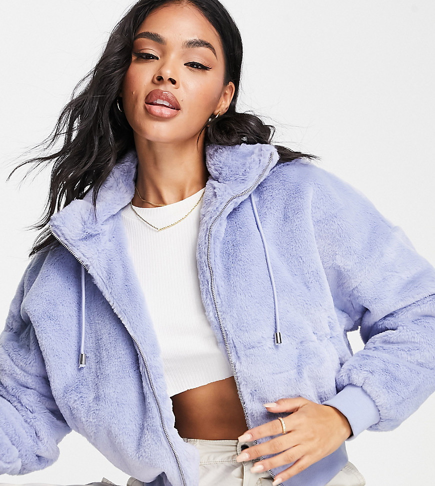 Missguided faux fur bomber jacket in blue