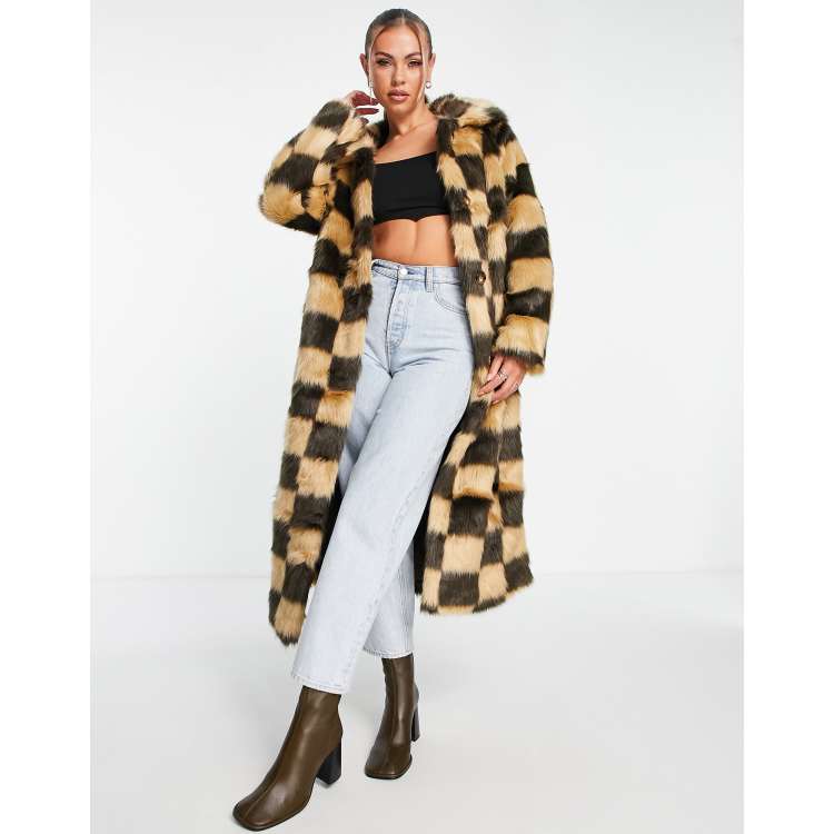 Missguided faux fur color block coat in chocolate