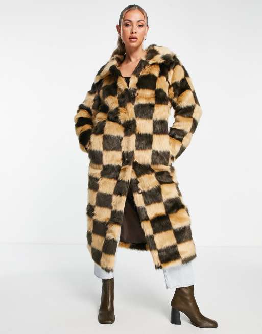 Missguided faux fur color block coat in chocolate