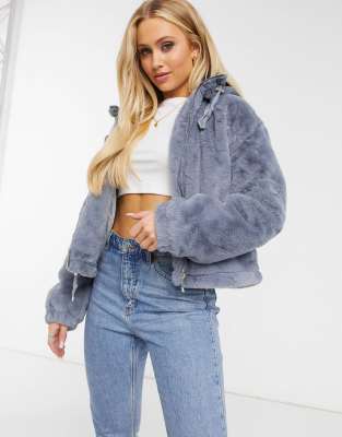 Missguided faux fur hooded bomber jacket in gray-Grey