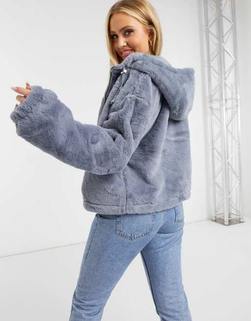 Faux fur bomber jacket with online hood