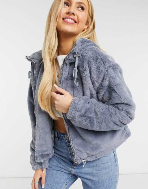 Grey faux shop fur bomber jacket