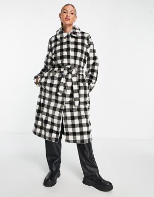 Missguided faux fur oversized coat in gingham - ASOS Price Checker