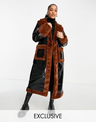 Missguided faux fur trim vinyl coat in black