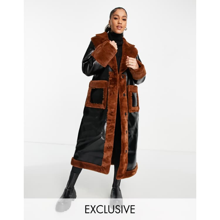 Missguided faux fur trim vinyl coat in black ASOS