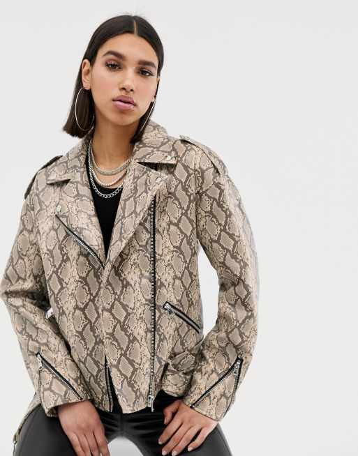 Snake Print Women Leather Biker Jacket