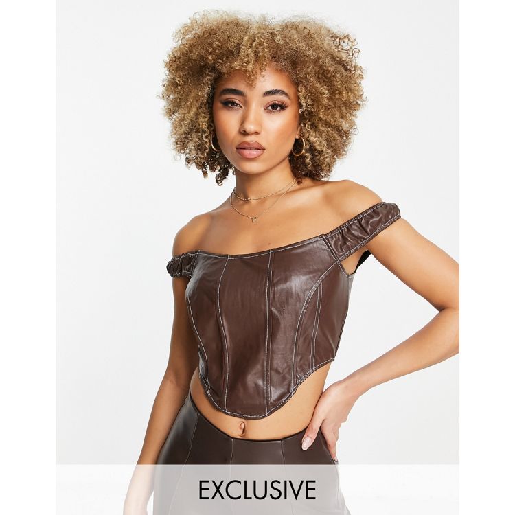 Miss Selfridge shirred waist faux leather jumpsuit in chocolate