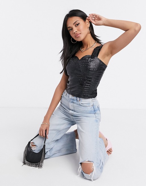 Missguided faux leather croc top with buckle detail in black