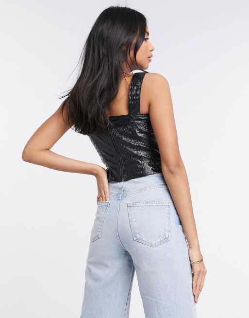 Missguided faux leather croc top with buckle detail in black, 2 of 4